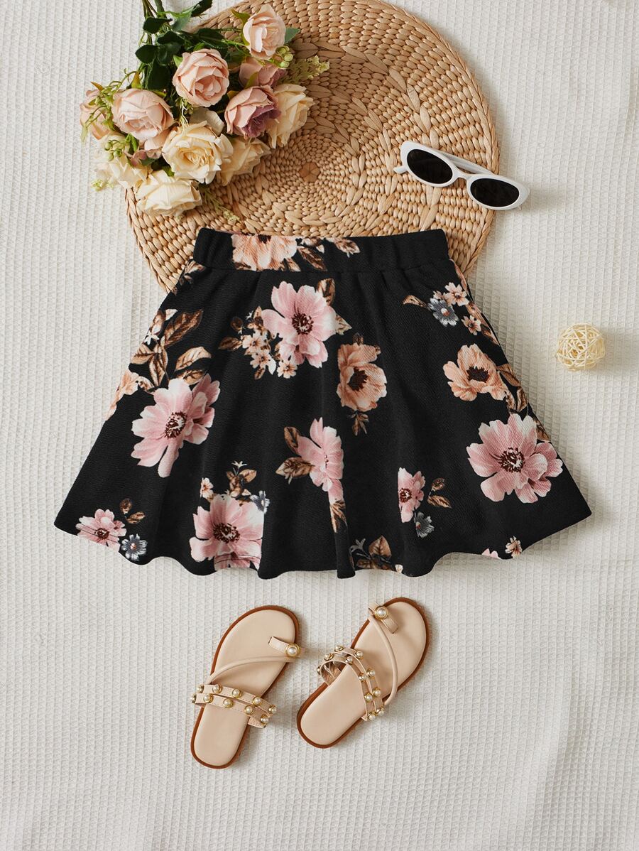 SHEIN 女孩印花喇叭半身裙 - 黑色 - 查看 1