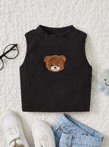 SHEIN Áo ba lỗ dệt kim Tween Girl cho mùa hè với cổ cao nhỏ, chi tiết vá gấu - màu đen - Xem 1