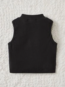 SHEIN Áo ba lỗ dệt kim Tween Girl cho mùa hè với cổ cao nhỏ, chi tiết vá gấu - màu đen - Xem 2