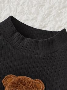 SHEIN Áo ba lỗ dệt kim Tween Girl cho mùa hè với cổ cao nhỏ, chi tiết vá gấu - màu đen - Xem 3