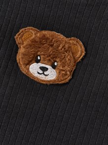 SHEIN Áo ba lỗ dệt kim Tween Girl cho mùa hè với cổ cao nhỏ, chi tiết vá gấu - màu đen - Xem 4