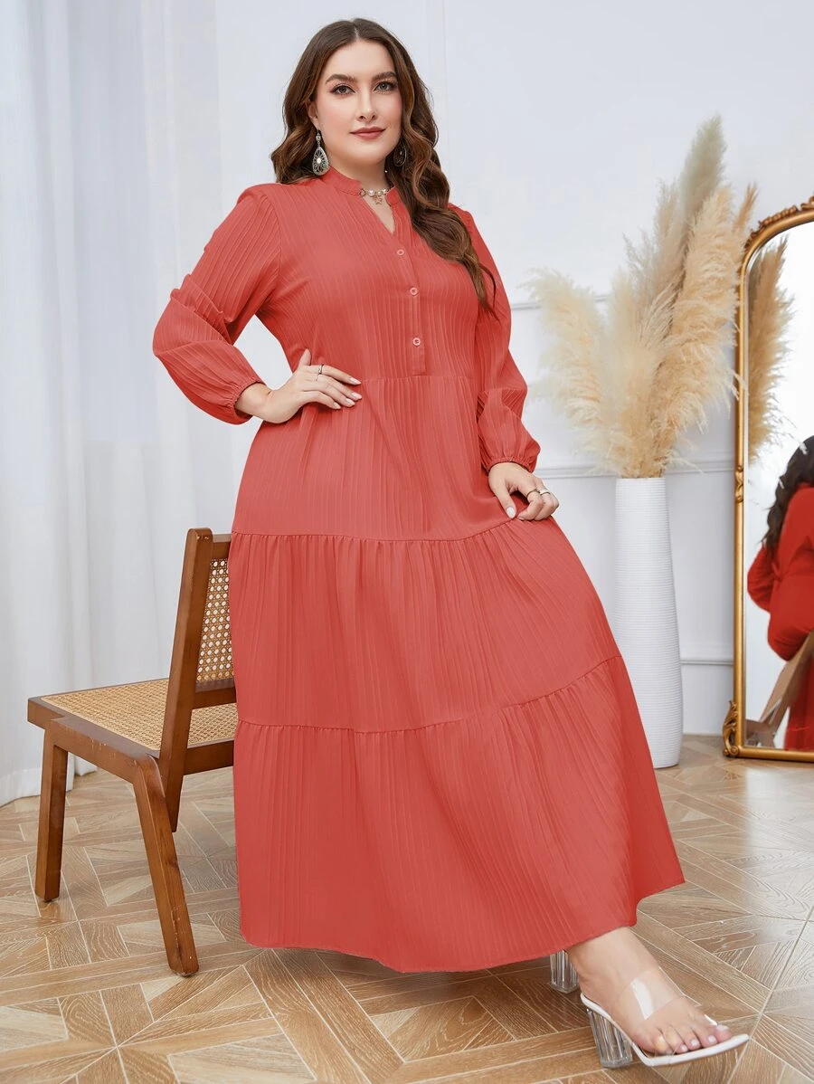 Mulvari Plus Notched Neckline Ruffle Hem Smock Dress - Rusty Rose - View 1