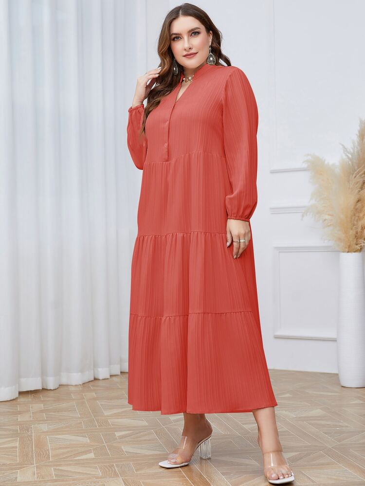 Mulvari Plus Notched Neckline Ruffle Hem Smock Dress - Rusty Rose - View 6