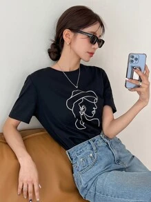 FRIFUL 女性塑形輪廓印花短袖t恤 - 黑色 - 查看 1