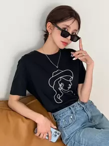 FRIFUL 女性塑形輪廓印花短袖t恤 - 黑色 - 查看 6