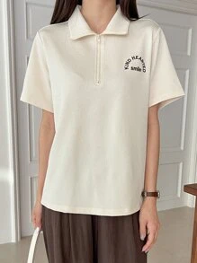 DAZY Letter Embroidery Half Zip Tee - Apricot - View 8