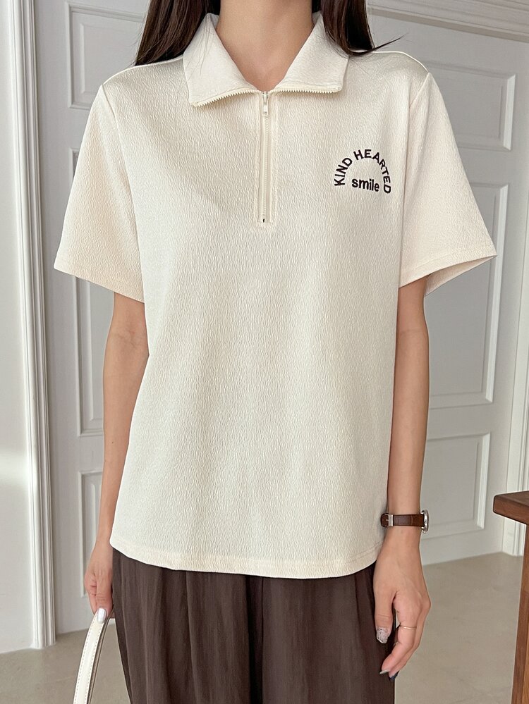 Letter Embroidery Half Zip Tee