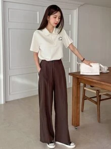 DAZY Letter Embroidery Half Zip Tee - Apricot - View 3