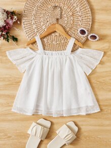 SHEIN Girls Swiss Dot Cold Shoulder Blouse - White - View 1