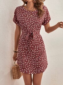 SHEIN LUNE Ditsy Floral Print Batwing Sleeve Belted Dress - Redwood - View 5