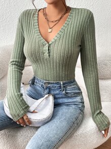 SHEIN Essnce Half Button Ribbed Knit Tee - Mint Green - View 3
