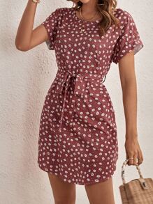 SHEIN LUNE Ditsy Floral Print Batwing Sleeve Belted Dress - Redwood - View 3