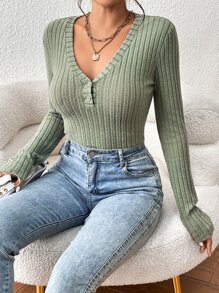SHEIN Essnce Half Button Ribbed Knit Tee - Mint Green - View 5