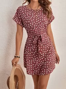 SHEIN LUNE Ditsy Floral Print Batwing Sleeve Belted Dress - Redwood - View 1