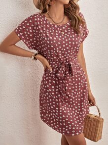SHEIN LUNE Ditsy Floral Print Batwing Sleeve Belted Dress - Redwood - View 7
