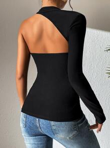 SHEIN BAE Asymmetrical Neck Cut Out Tee - Black - View 2
