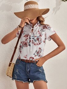 SHEIN Clasi Floral Print Frill Tie Neck Blouse - White - View 4