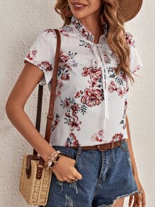 SHEIN Clasi Floral Print Frill Tie Neck Blouse - White - View 5