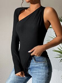 SHEIN BAE Asymmetrical Neck Cut Out Tee - Black - View 4