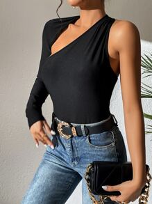 SHEIN BAE Asymmetrical Neck Cut Out Tee - Black - View 7
