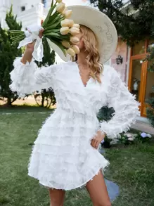 SHEIN Frenchy Solid Fringe Trim Wrap Detail A-line Dress - White - View 1