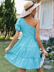 SHEIN VCAY Vestido de un hombro de manga farol bajo con fruncido sin cinturón - Azul menta - Ver 2