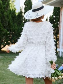 SHEIN Frenchy Solid Fringe Trim Wrap Detail A-line Dress - White - View 2