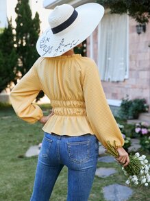 SHEIN LUNE Frill Trim Lantern Sleeve Peplum Blouse - Yellow - View 2