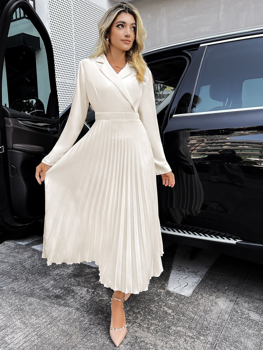 GENKIRA 西裝領百褶下擺襯衫連衣裙 - 米色 - 查看 1