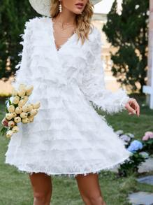 SHEIN Frenchy Solid Fringe Trim Wrap Detail A-line Dress - White - View 3