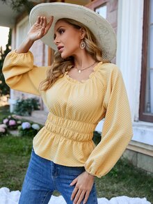 SHEIN LUNE Frill Trim Lantern Sleeve Peplum Blouse - Yellow - View 3