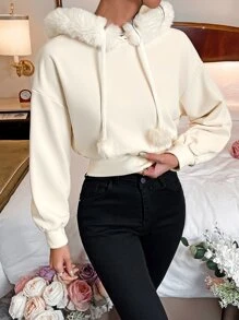 SHEIN EZwear 毛茸茸的落肩抽绳保暖内衬连帽衫 毕业典礼、返校服装、毕业典礼、女士教师服装、秋冬返校 - 米色 - 查看 1