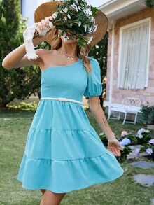 SHEIN VCAY Vestido de un hombro de manga farol bajo con fruncido sin cinturón - Azul menta - Ver 5