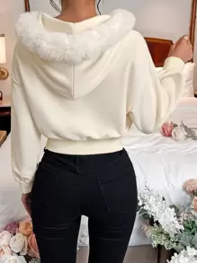 SHEIN EZwear 毛茸茸的落肩抽绳保暖内衬连帽衫 毕业典礼、返校服装、毕业典礼、女士教师服装、秋冬返校 - 米色 - 查看 2