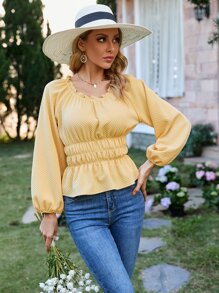 SHEIN LUNE Frill Trim Lantern Sleeve Peplum Blouse - Yellow - View 4