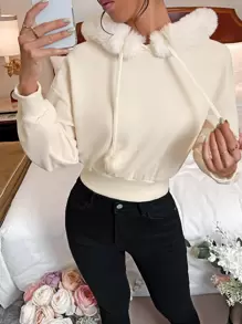 SHEIN EZwear 毛茸茸的落肩抽绳保暖内衬连帽衫 毕业典礼、返校服装、毕业典礼、女士教师服装、秋冬返校 - 米色 - 查看 3