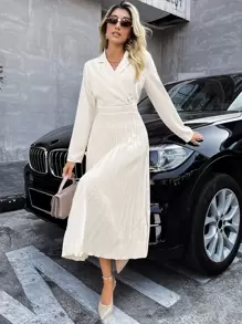 GENKIRA 西裝領百褶下擺襯衫連衣裙 - 米色 - 查看 5