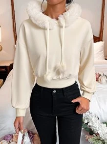 SHEIN EZwear 毛茸茸的落肩抽绳保暖内衬连帽衫 毕业典礼、返校服装、毕业典礼、女士教师服装、秋冬返校 - 米色 - 查看 5