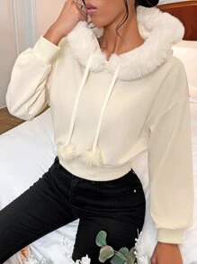 SHEIN EZwear 毛茸茸的落肩抽绳保暖内衬连帽衫 毕业典礼、返校服装、毕业典礼、女士教师服装、秋冬返校 - 米色 - 查看 6