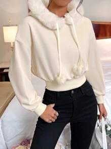 SHEIN EZwear 毛茸茸的落肩抽绳保暖内衬连帽衫 毕业典礼、返校服装、毕业典礼、女士教师服装、秋冬返校 - 米色 - 查看 7