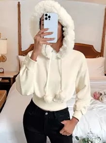 SHEIN EZwear 毛茸茸的落肩抽绳保暖内衬连帽衫 毕业典礼、返校服装、毕业典礼、女士教师服装、秋冬返校 - 米色 - 查看 8