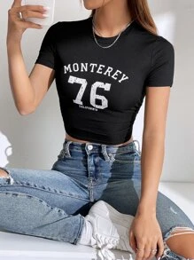 SHEIN EZwear 字母圖案側收褶短款T恤