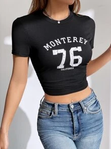 SHEIN EZwear 字母圖案側收褶短款T恤