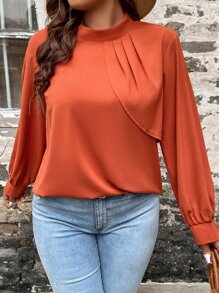 SHEIN LUNE Plus Mock Neck Fold Pleated Mock Neck Blouse - Burnt Orange - View 1