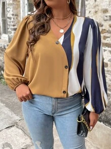 SHEIN LUNE 大碼撞色前紐扣燈籠袖襯衫 - 彩色 - 查看 3