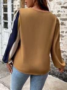 SHEIN LUNE 大碼撞色前紐扣燈籠袖襯衫 - 彩色 - 查看 2