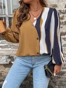 SHEIN LUNE 大碼撞色前紐扣燈籠袖襯衫 - 彩色 - 查看 4