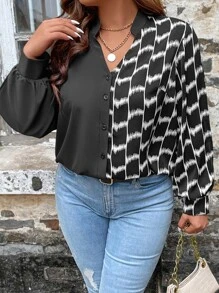 SHEIN LUNE Plus Graphic Print Notched Neck Shirt - Black and White - View 4
