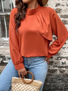 SHEIN LUNE Plus Mock Neck Fold Pleated Mock Neck Blouse - Burnt Orange - View 3