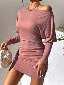 SHEIN Privé 不對稱領蝙蝠袖褶邊緊身洋裝 - 藕粉色 - 查看 4